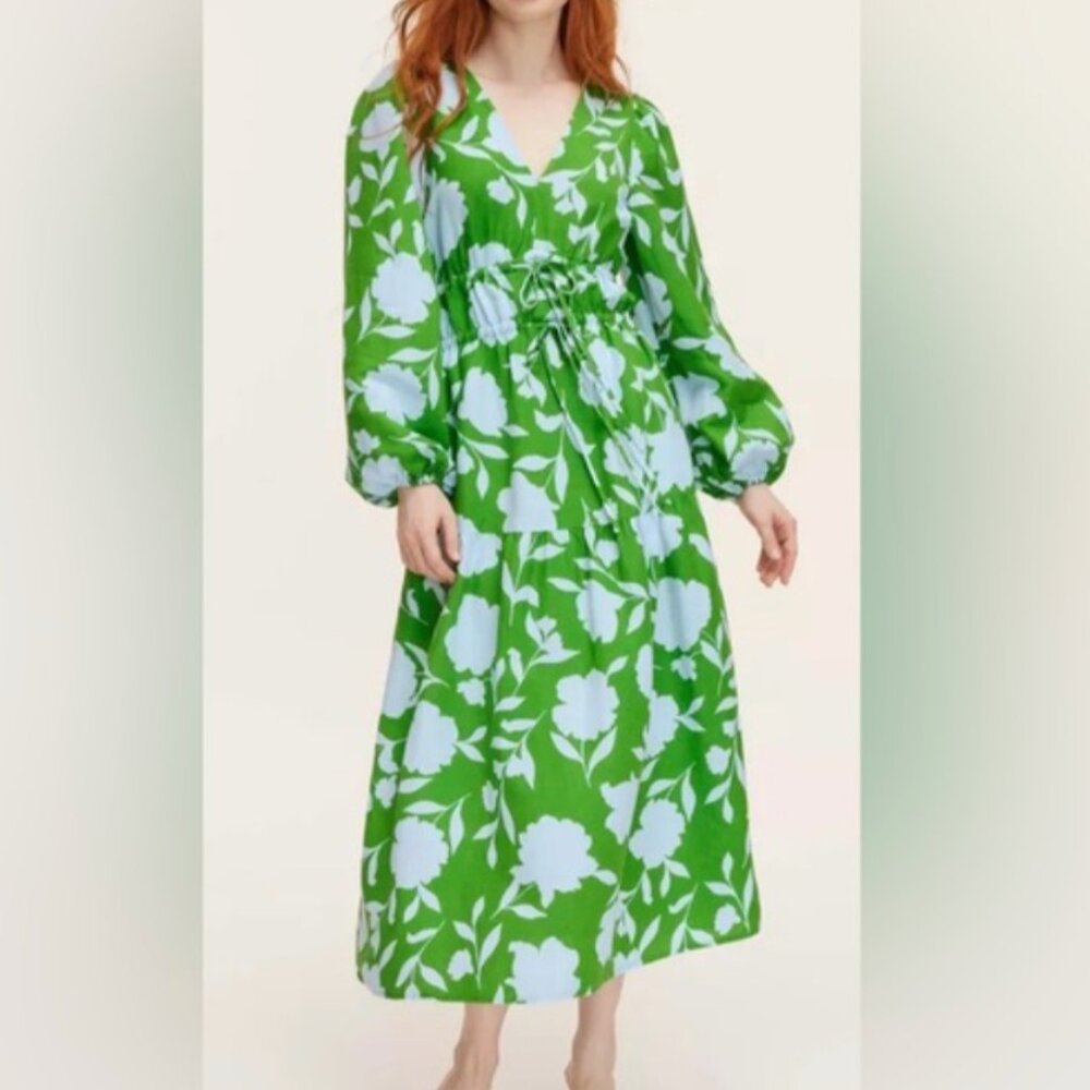 Kate Spade x Target Classic Rose Linen Long Sleeve Maxi Dress Green Blue S
